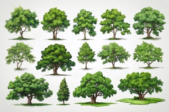 set of detailed oil painted green trees on white backdrop, isolated trees for cards, book illustrations