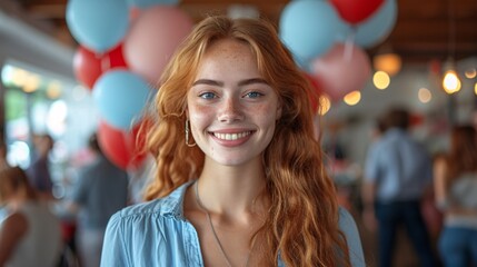 Redheaded Beauty Smiling for the Camera at a Pink and Blue Party Generative AI