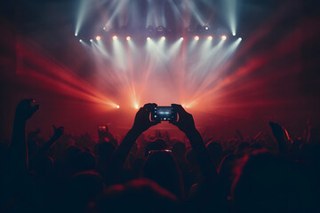 Silhouetted crowd at concert with raised hands and smartphone capturing the stage with vibrant red stage lights.