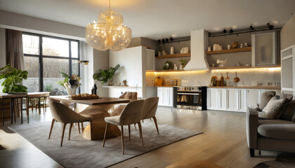 Luxurious interior design living room and white kitchen. Open plan interior. Generative AI.