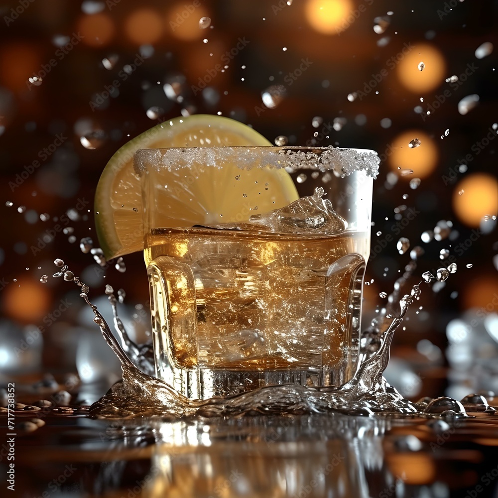 Poster refreshing drink with a lemon slice splash against warm backdrop. dynamic beverage moment captured. 