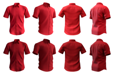 2 Set of cherry red maroon, button up short sleeve collar shirt front, back and side view on transparent background cutout, PNG file. Mockup template for artwork graphic design

