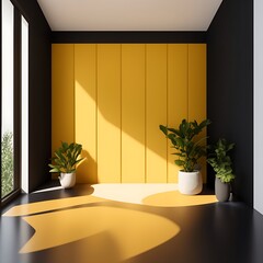 A room with yellow wall panels and plants in the corner.Indoor, interior, potted plant, plant, white, autumn wall, frame, chair, stool, cozy
