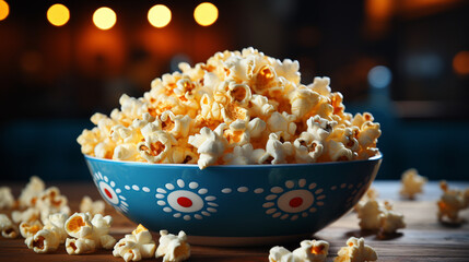 popcorn in a blue bowl on a dark wooden background