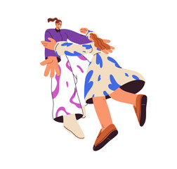 Happy women friends meeting, hugging, greeting each other. Smiling joyful girls, cheerful female characters embracing with love, glad to see. Flat vector illustration isolated on white background