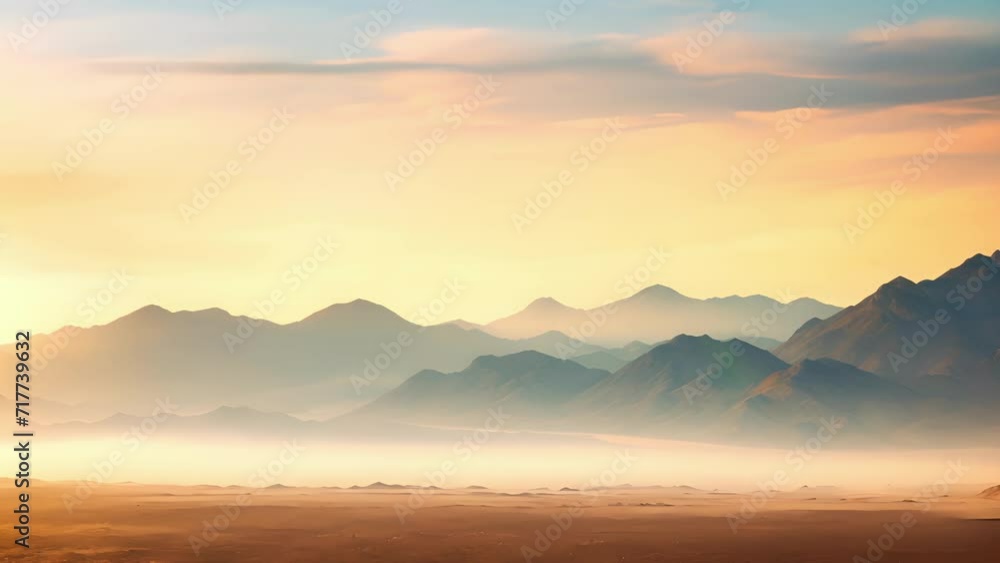 Poster blurred boundaries the fog blurs the contrast between the harsh desert and the distant mountains, cr