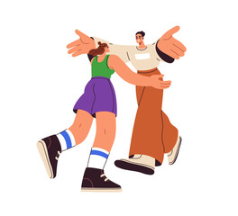 Love couple meeting, greeting with hugs. Happy excited enamored man and woman smiling, glad to see, embracing. Romantic people reunion. Flat graphic vector illustration isolated on white background