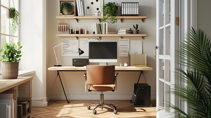 a minimalist home office setup with a sleek desk and ergonomic chair, reflecting the trend of remote work - obrazy, fototapety, plakaty