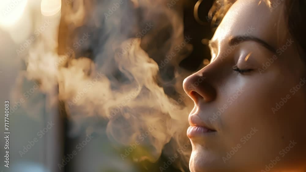 Poster a person practicing deep breathing exercises while inhaling essential oils of peppermint and rosemar
