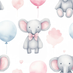 Cute watercolor happy elephant seamless pattern. Animal design on white background with pastel pink and blue balloons. AI generative.
