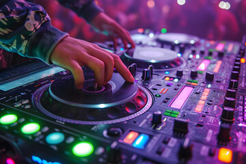 Obraz premium DJ mixing at club with colorful neon lights.