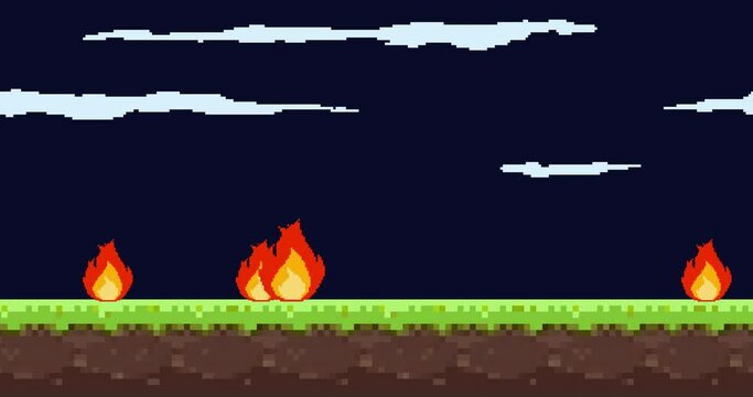 Animation of old style pixel game. Pixel art game background. Ground, grass, fire, sky, tree, clouds and stars. Pixel art Game Design 8 bit video vector. Old school background for game.	