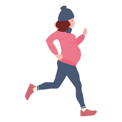 Fototapeta na wymiar Healthy lifestyle. A pregnant girl goes in for sports, jogging. Ready-to-print postcard with a pregnant girl in winter clothes.