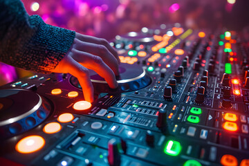 DJ's hand mixing tracks on a colorful, illuminated sound mixer at a nightclub.