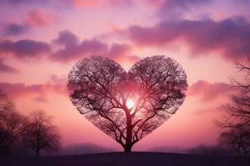 Tree in the shape of heart on a pink sunset natural backdrop, valentines day background. Romantic artistic backdrop.