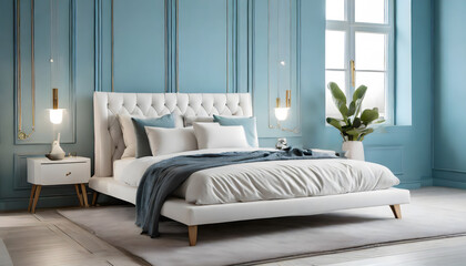 Luxury bright bedroom design, modern white bed and elegant home accessories on pastel blue. Generative AI.