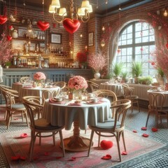 Fototapeta na wymiar Restaurant hall decorated for Valentine's Day, romantic atmosphere