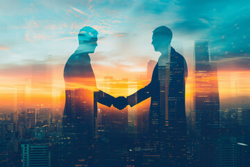 Businessmen handshake on an abstract background corporate skyscrapers at sunset, double exposure. Partnership, success, deal, agreement, cooperation, business contract concept - obrazy, fototapety, plakaty