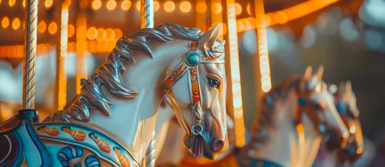 Foto op Canvas A vintage carousel horse basks in the golden glow of a carnival evening, capturing the whimsy of yesteryear © Ai Studio