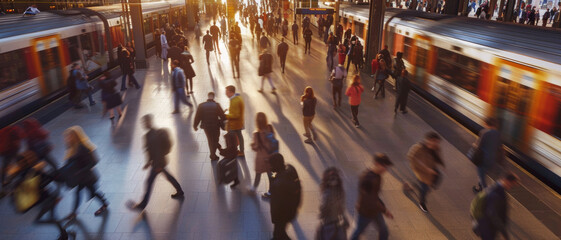Evening rush hour blurs into a symphony of motion as commuters swarm a bustling train station platform - obrazy, fototapety, plakaty
