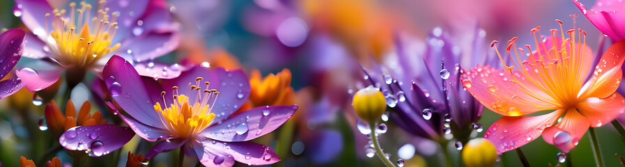 Close-up of flowers in morning dew, selective focus, spring banner