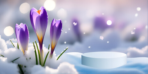 Crocuses in snow, product podium, first spring wildflowers, bokeh effect