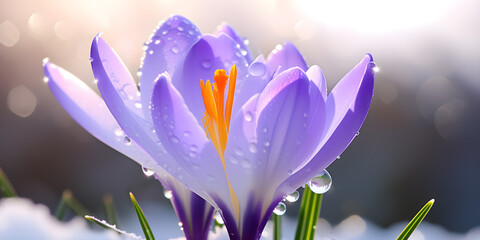 Crocuses in the morning dew, first spring wildflowers, bokeh effect, selective focus