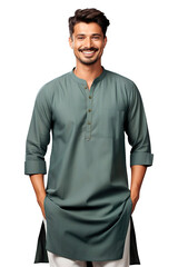 Fototapeta premium Full length view of Indian Men in Green Kurta Pajama: A simple and comfortable combination of a tunic-like top Isolated on transparent background.