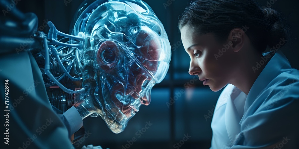 Poster futuristic encounter between a woman and a humanoid robot. conceptualizing ai interaction. a blend o