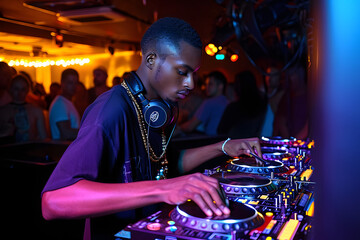 DJ mixing at a club with vibrant neon lights and dynamic motion blur background.