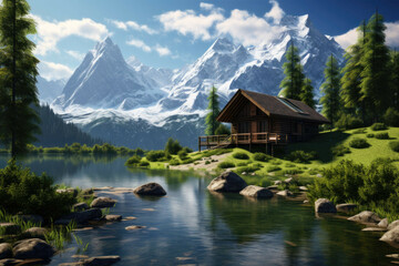 Naklejka premium Wooden cabin in forest with river and mountain view