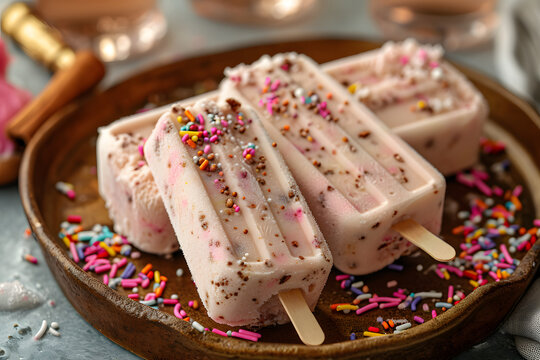 Strawberry ice cream bars with sprinkles on a rustic metal tray, summer dessert concept.