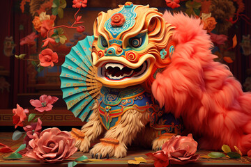 Chinese New Year celebration with traditional colorful lions with red fans