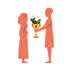 Boy presenting flower in pot to girl. Kids friends, children with floral plant, gift. Young first love, hope, childs friendship concept. Flat vector illustration isolated on white background