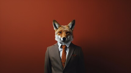 A fox depicted in a brown suit and tie against a deep red background, representing a clever twist on city sophistication.