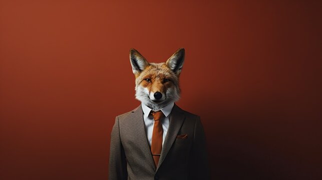 A fox depicted in a brown suit and tie against a deep red background, representing a clever twist on city sophistication.