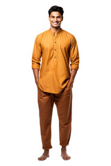 Full length view of Indian Men in Pathani Suit: A two-piece outfit for men consisting of a kurta-style top and straight-cut pants Isolated on transparent background.