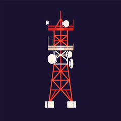 Telecommunication tower. Broadcasting radio mast for signal transmission, network connection. Telecom structure, transmitting construction with antenna, dishes. Isolated flat vector illustration
