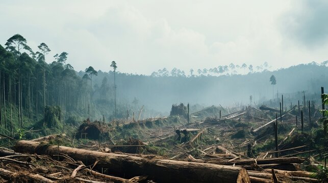 A stark landscape showing the grim reality of deforestation, with fallen trees and a foggy remnant forest in the background.