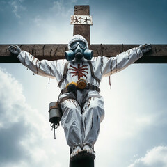 Jesus in a gas mask crucified on the cross - obrazy, fototapety, plakaty