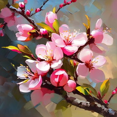 Blooming peach twig in sunny spring light. Digital painting. AI