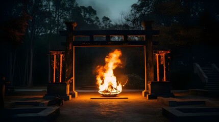 torii gate japanese with flame burning background