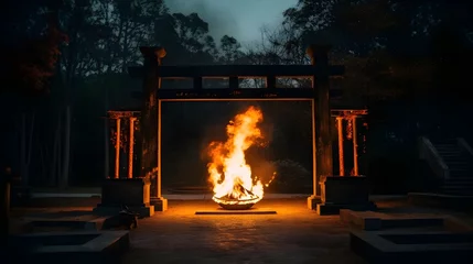 Poster torii gate japanese with flame burning background © Hamsyfr