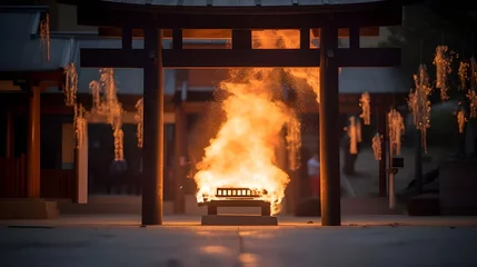 Tuinposter torii gate japanese with flame burning background © Hamsyfr