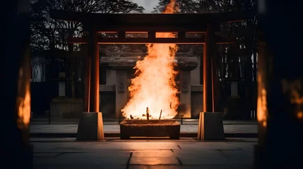 Keuken spatwand met foto torii gate japanese with flame burning background © Hamsyfr