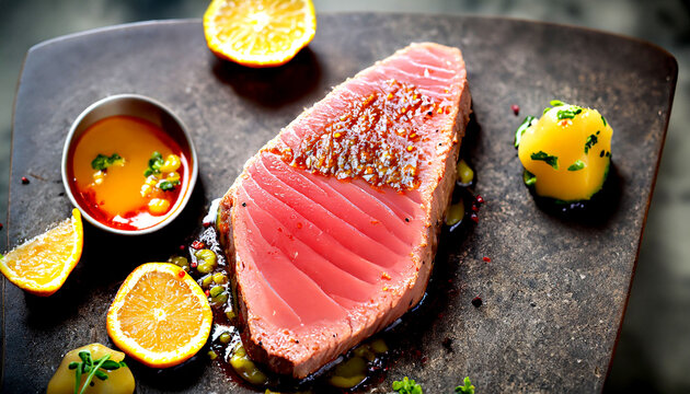 Delicious Seared Tuna Steak with Citrus Glaze on a plate, High Protein Recipe.