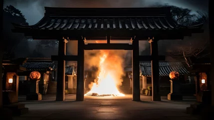 Poster torii gate japanese with flame burning background © Hamsyfr