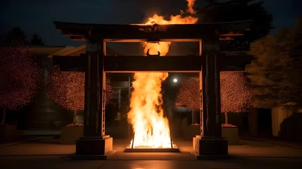 Afwasbaar fotobehang torii gate japanese with flame burning background © Hamsyfr