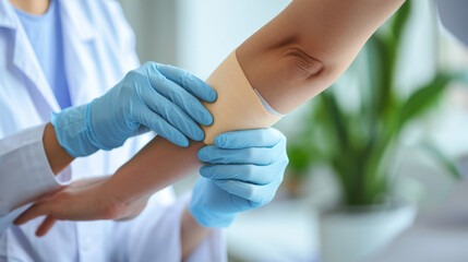 healthcare professional in blue gloves applying an adhesive bandage to someone's upper arm - obrazy, fototapety, plakaty