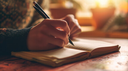 Close-up of a person's hand writing in a notebook with a pen, with a warm and cozy ambiance - obrazy, fototapety, plakaty